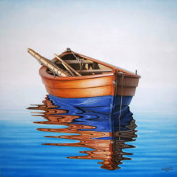 Four-Winds-original-painting-of-a-boat-with-relection-on-a-beautiful-blue-sea-by-artist-h-cardozo