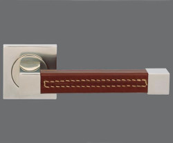 A_H_Brass_Leather_door_lever_handle_on_square_rose_1