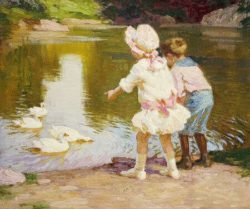 MODERN-ABSTRACT-Oil-painting-young-girl-boy-playing-by-pond-gooses-Handicrafts