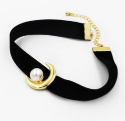 korean_pearl_gold_moon_short_black_velour_leather_choker_necklace_wholesale_1