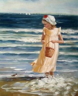 -Art-Oil-painting-little-girl-playing-by-beach-with-ocean-waves-and-bird-canvas