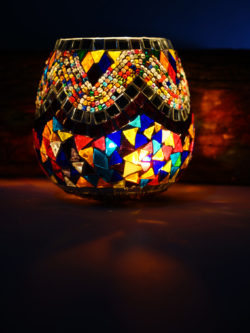 Mosaic-Candle-Holder-large-multi-coloured-diamond-with-candle