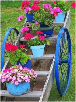 garden-junk-ideas-flower-pots-old-ladder-wood-blue-paint-wheels