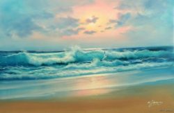 Blue-Green-Caribbean-Sea-Surf-Waves-Beach-Ocean-Pink-Sunset-24X36-Oil-Painting