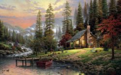 442015-Thomas_Kinkade-nature-landscape-painting-artwork-trees-forest-clouds-house-mountains-sunset-river-boat-pier-dog-mist-stones-cabin