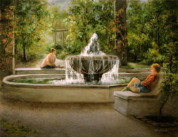 22 x 28 original oil painting by artist Billye Woodford. Pasadena Garden is the scene of this painting.  It was one of those moments - I was able to photograph and paint this scene when a child was entranced, fascinated with the flow of the fountain.