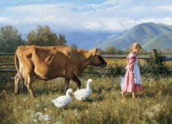 Pure-Hand-painted-Oil-Painting-Cattle-Farm-Duck-Girl-No-Frame-6477