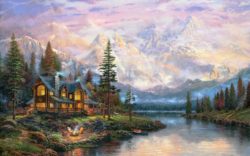 beautiful-painting-mountains-river-house-trees-2K-wallpaper