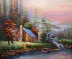 hand-painted-wall-art-Winter-forest-lake-house-boat-home-decoration-abstract-Landscape-oil-painting-on