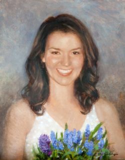 CUstom-oil-portrait-11x14-inch-young-woman-girl-flowers-blue-spring-summer-dress-romantic-joyful-fine-art--Maria-Waye-Artist-in-Toronto-Canada