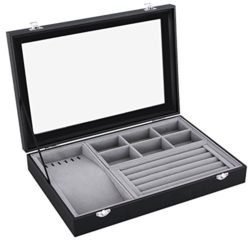 SONGMICS-Black-Leather-Jewelry-Box-Display-Tray-Show-Case-Storage-Organizer-w-Large-Glass-Top-UJDS306-0