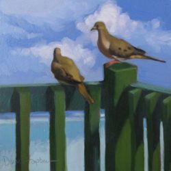 tropical_doves_oil_painting_birds_on_green_fence