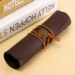 Kicute-5-Holes-Brown-PU-Leather-Roll-Up-Pencil-Case-Storage-Bag-Cosmetic-Holder-Bag-Pen