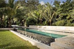 Simple-Garden-Landscaping-Idea-With-Rich-Vegetation-Also-Modern-Outdoor-Chairs-And-Long-Narrow-Swimming-Pool-Design