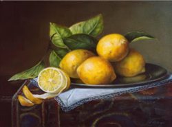 sliced_peeled_lemons_on_pewter_plate_oriental_rug_classical_oil_painting_fruit