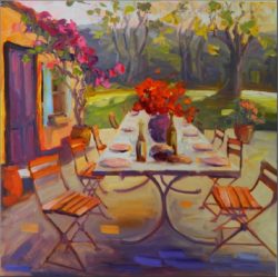 table_of_blessings___24x24_oil_on_wrapped_hardwood__maryanne_jacobsen_art_impressionism__al_fresco_dining__bread_and_wine