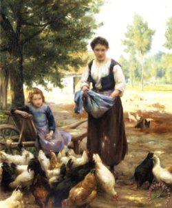 Feeding The Chickens Painting by Julien Dupre; Feeding The Chickens Art Print for sale