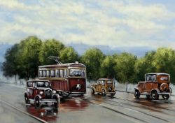Old tram, oil paintings landscape, city, retro car. Fine art.