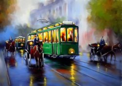 Old tram, oil paintings landscape, city, retro. Fine art.