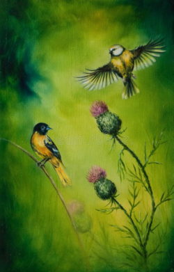 beautiful-painting-flying-birds-emerald-green-background-oil-two-singing-small-one-flattering-wings-other-47632729