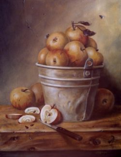 country_apple_picking_bucket_rustic_oil_painting_20x16_in_