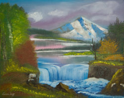 original-peaceful-landscape-oil-painting-snow-mountain-with-waterfall-of-autumn-gloaming-laura-song