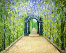 16966467-an-oil-painting-on-canvas-of-a-romantic-garden-walkway-forming-a-tunnel-of-flowering-acacias-at-scho