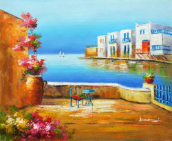 Oil-Painting-on-Canvas-Mediterranean-Greece-Garden-Yard-Towards-the-Sea-Seascape-Canvas-Prints-Home-Goods