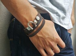 _Classic Minimalist Leather Men Wrap Bracelet Horseshoe Brown And Silver Cuff Bracelet Handmade - X0AUPHABM
