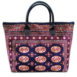 Carpet Bag VOYAGER ELITE Bukhara Navy - Large and wide Vintage-Style Carpet Tote Bag with leather handles and zipper B017UJS9TC