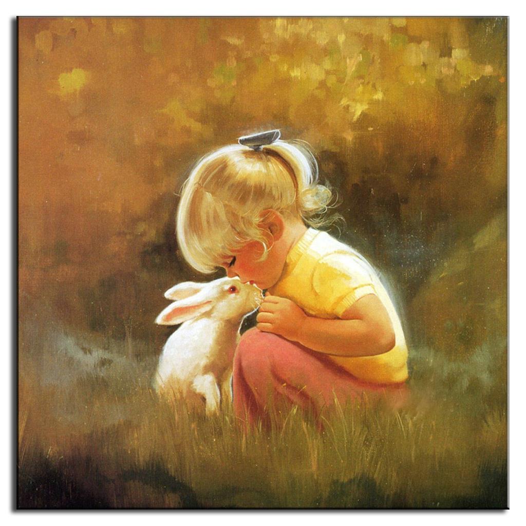 Vintage-Portrait-Oil-Painting-Baby-Girl-and-Rabbit-Mediterranean-Style-Canvas-Art-Cheap-Wall-Pictures-for