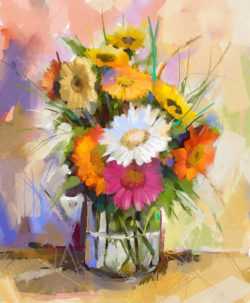 Bunch Of Flowers Painting Glass Vase With Bouquet Gerbera Flowers. Oil Painting — Stock Photo  - DRAWING ART AND SKETCHES