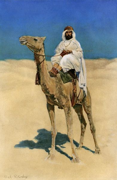 Arab traveling in the desert. Printed color halftone reproduction of an illustration