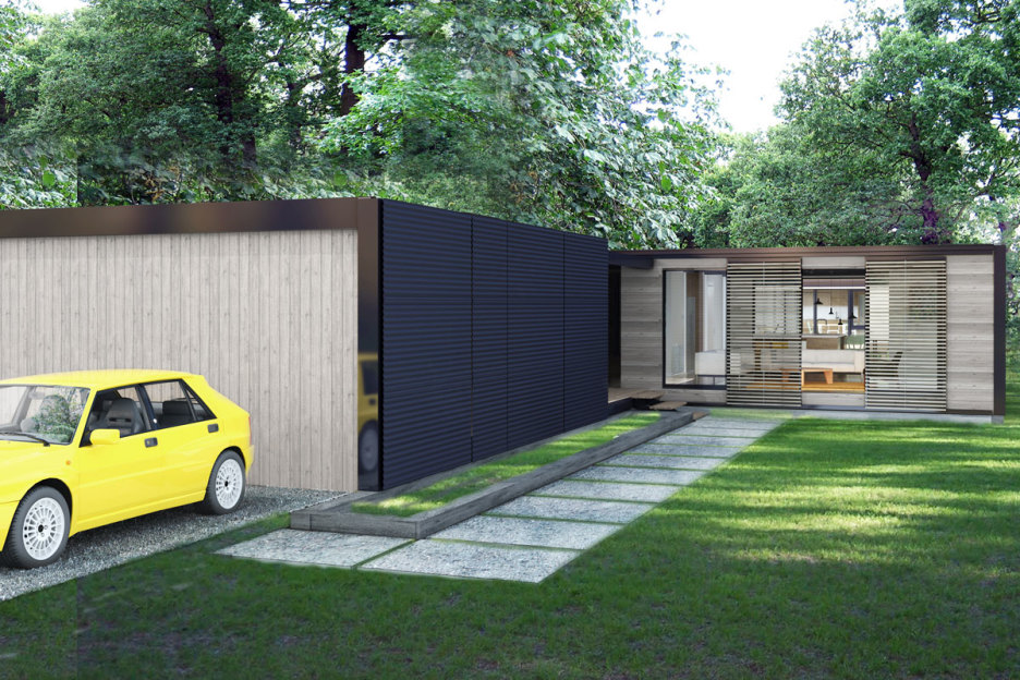 other-design-decorating-ideas-contemporary-green-grass-garden-exterior-ideas-in-your-modern-prefab-garage-design-using-black-garage-stall-also-brown-wooden-front-d