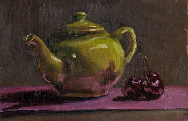 teapot-oil-painting-art-daily-paintworks-paint-fineart-small-stillife-still-life-cherries-cherry-piant