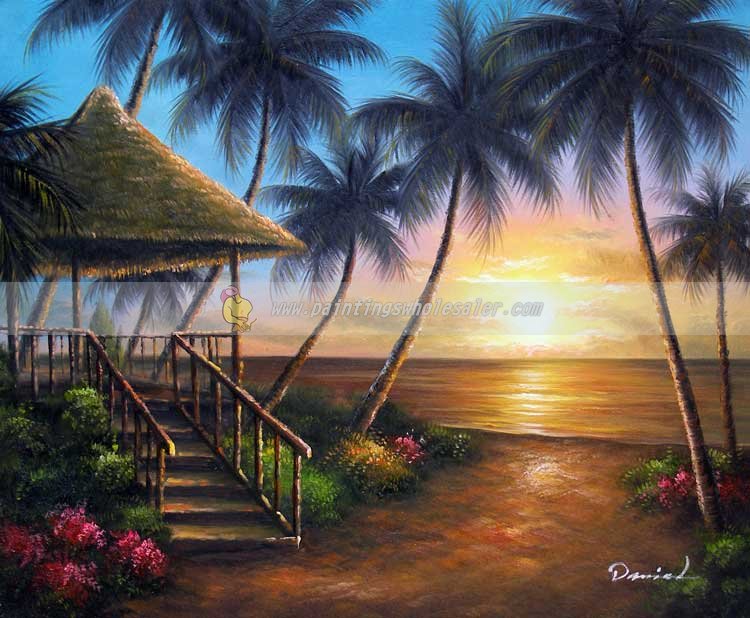 62573 Hawaii Beach Sunset Palm Tree Seascape Oil Painting