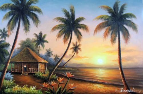 Hawaii-Beach-House-Sunset-Pacific-Ocean-Palm-Tree-24X36-Oil-On-Canvas-Painting