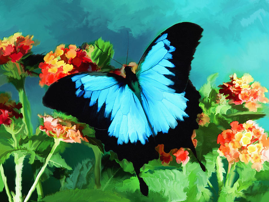 blue-butterfly-on-lantana-plant-oil-painting-elaine-plesser