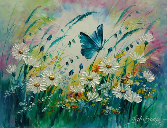 butterfly on plants oil painting