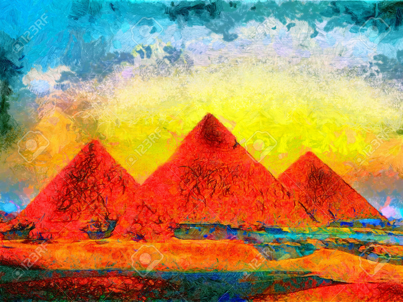 Giza Pyramids colorful oil painting