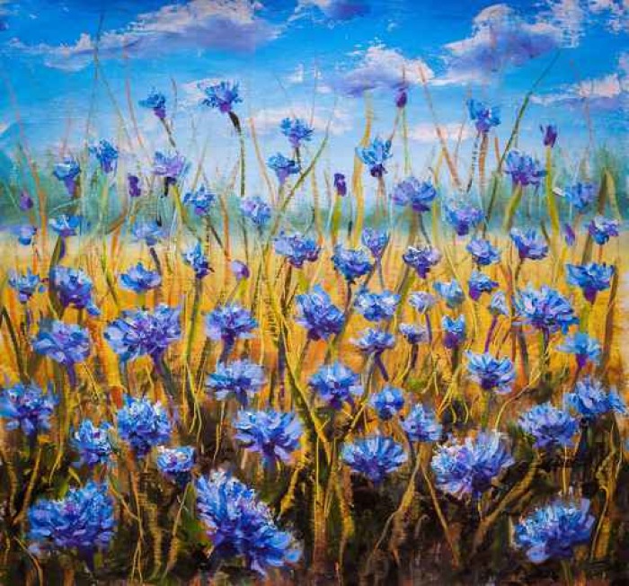 Blue flowers field oil painting.