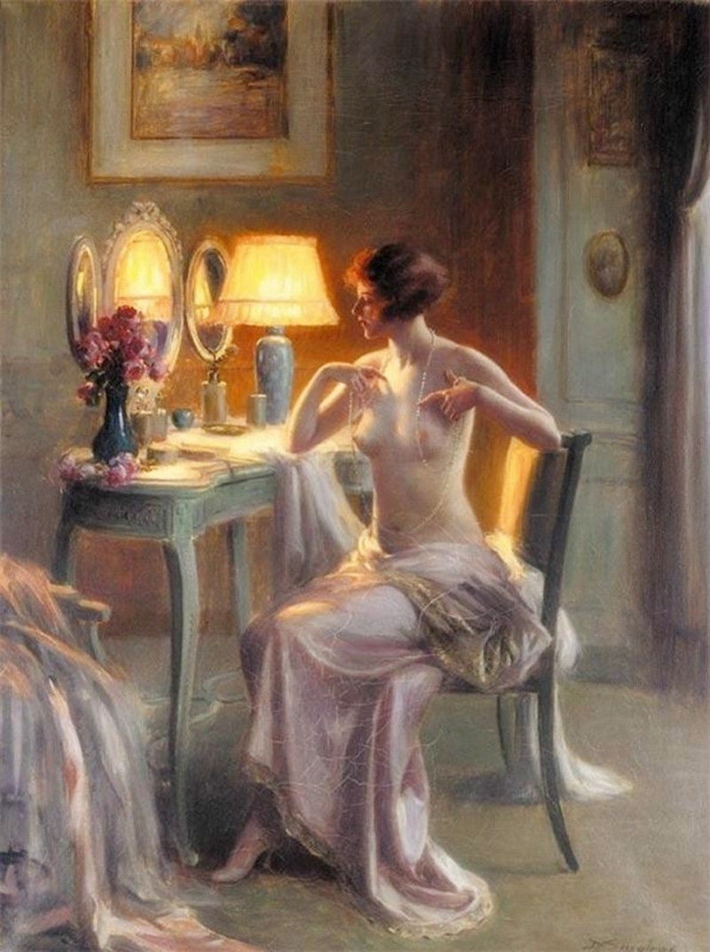 Art-oil-painting-nude-young-woman-nice-beauty-before-mirror-at-night-canvas