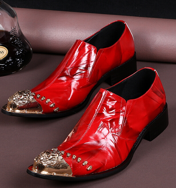 Mens-Red-Loafers-Gold-Metal-Italian-Shoes-Men-Leather-Luxury-Party-Pointed-Toe-Rivets-Dress-Shoes