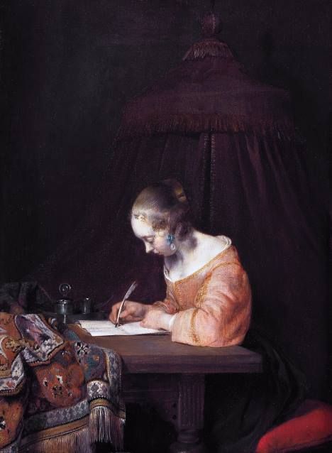 Writing a letter  *oil on panel  *39 x 29.5 cm  *signed b.c.: GTB  *ca. 1655