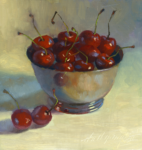 Cherries-in-a-Silver-Bowl-8x8-in.-Oil-on-panel-by-Hall-Groat-II
