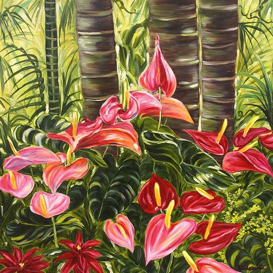 Anthurium Celebration is a 36 by 36 inch oil painting on gallery wrapped canvas.