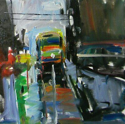 Jose-Trujillo-Oil-Painting-City-Bus-Buildings-Evening