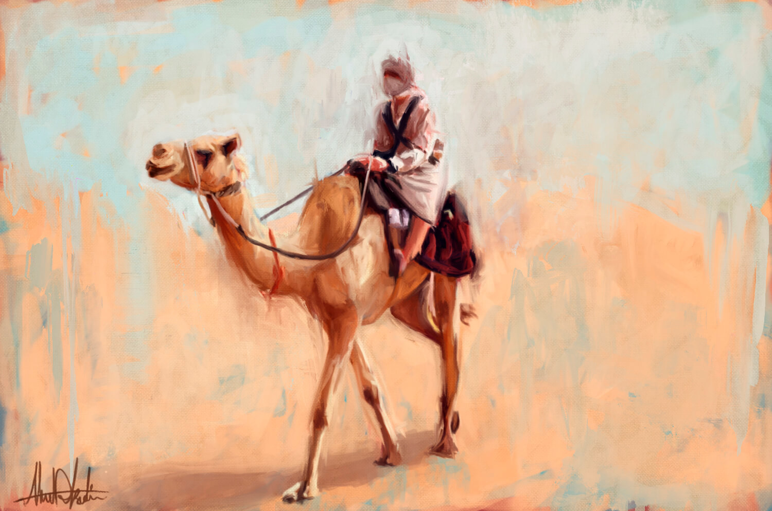 ahmad-kadi-digital-portrait-of-man-riding-a-camel-in-the-desert-painting-for-sale-looks-like-modern-oil-painting